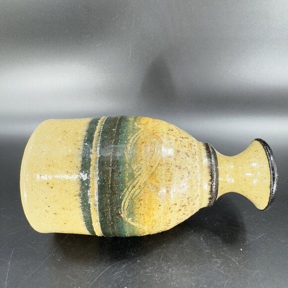 Studio Art Pottery Vase Bottle Shaped Vessel Hand Made Yellow Glazed Carved VTG - Picture 13 of 13